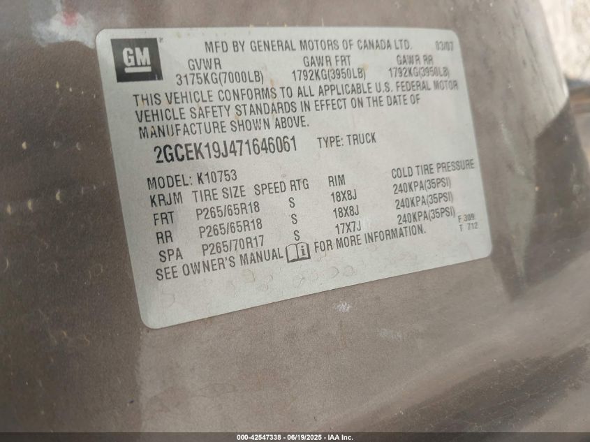 2007 Chevrolet Silverado 1500 Ltz VIN: 2GCEK19J471646061 Lot: 42547338