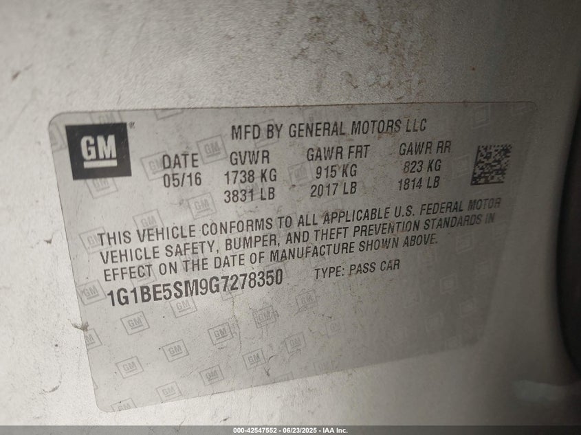 2016 CHEVROLET CRUZE LT AUTO - 1G1BE5SM9G7278350