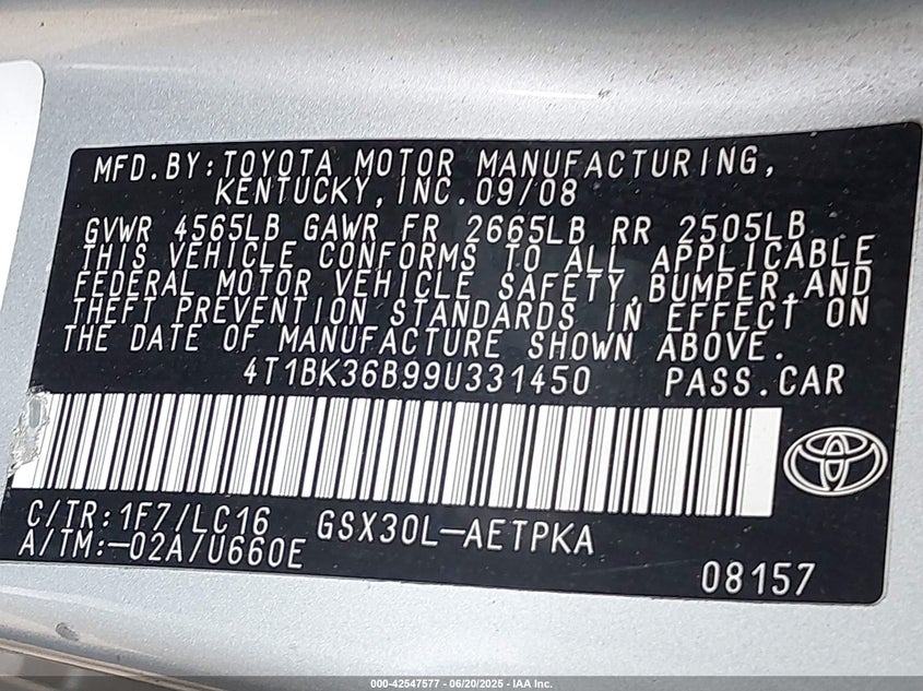 2009 TOYOTA AVALON VIN: 4T1BK36B99U331450
