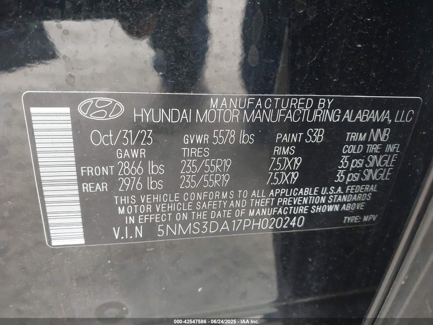 2023 HYUNDAI SANTA FE HYBRID 1.6L I-4 DI, DOHC, V(VIN: 5NMS3DA17PH020240
