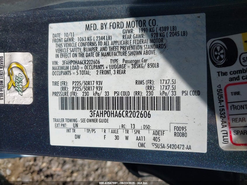 2012 Ford Fusion Se VIN: 3FAHP0HA6CR202606 Lot: 42547591