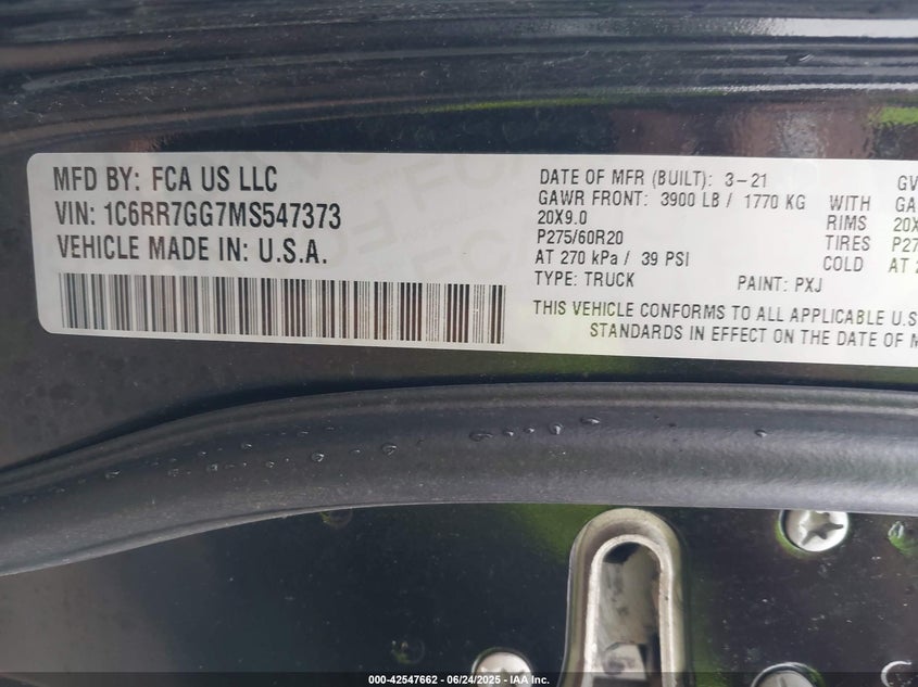 2021 Ram 1500 Classic Warlock 4X4 6'4 Box VIN: 1C6RR7GG7MS547373 Lot: 42547662