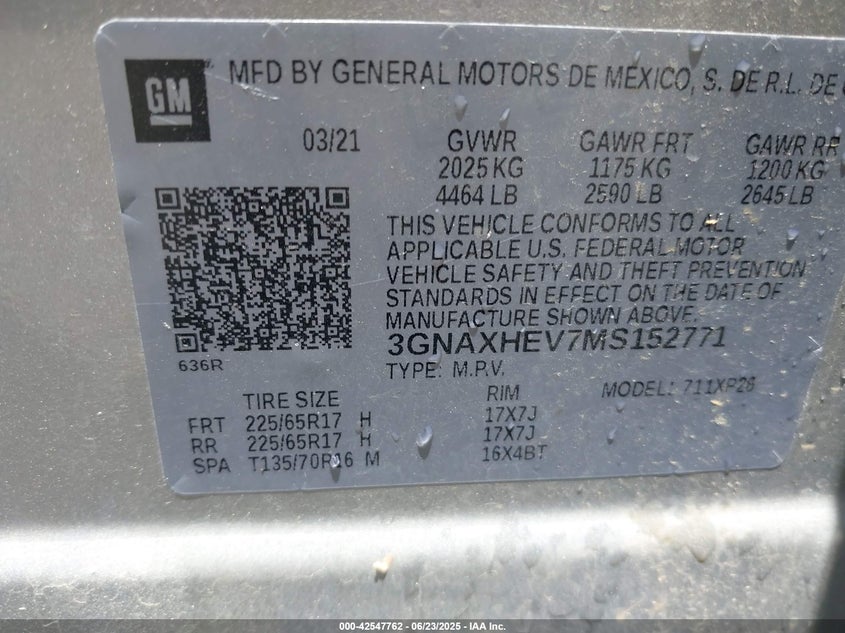 2021 CHEVROLET EQUINOX VIN: 3GNAXHEV7MS152771