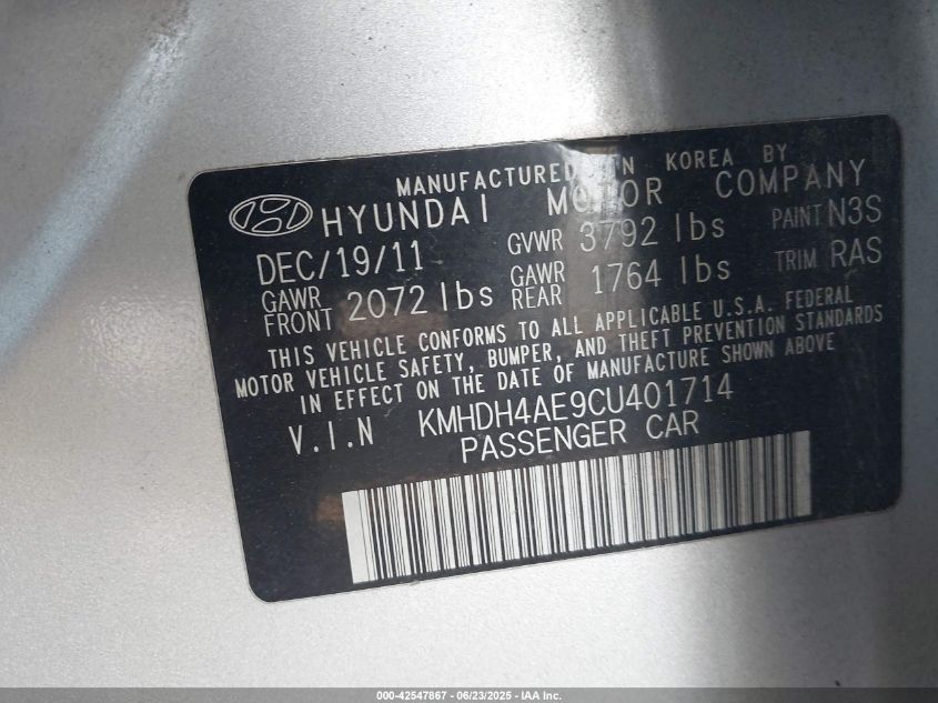 2012 Hyundai Elantra Gls (Ulsan Plant) VIN: KMHDH4AE9CU401714 Lot: 42547867