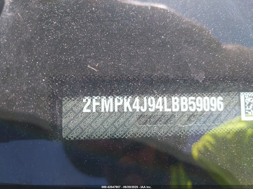 2020 Ford Edge Sel VIN: 2FMPK4J94LBB59096 Lot: 42547907