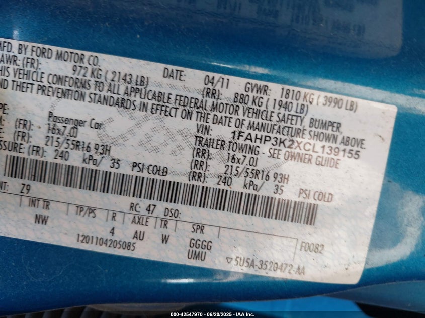 2012 FORD FOCUS VIN: 1FAHP3K2XCL139155