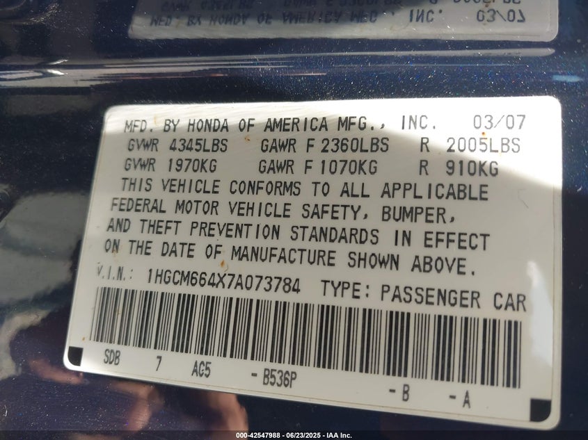 2007 HONDA ACCORD VIN: 1HGCM664X7A073784