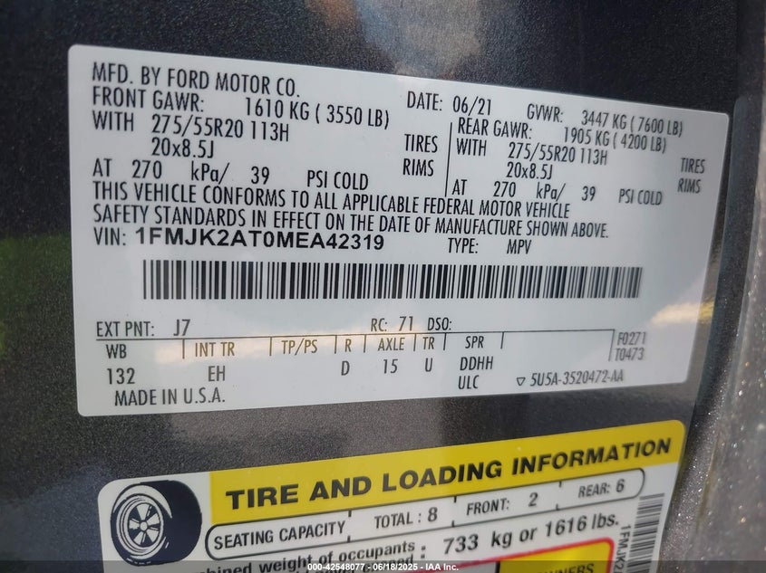 VIN 1FMJK2AT0MEA42319 2021 FORD EXPEDITION LIMITED MAX