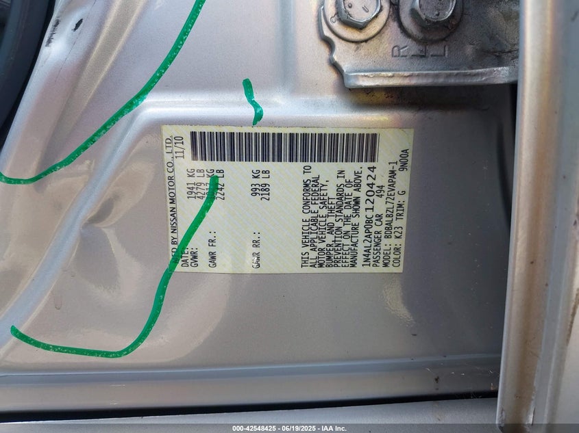 2011 NISSAN ALTIMA VIN: 1N4AL2AP0BC120424