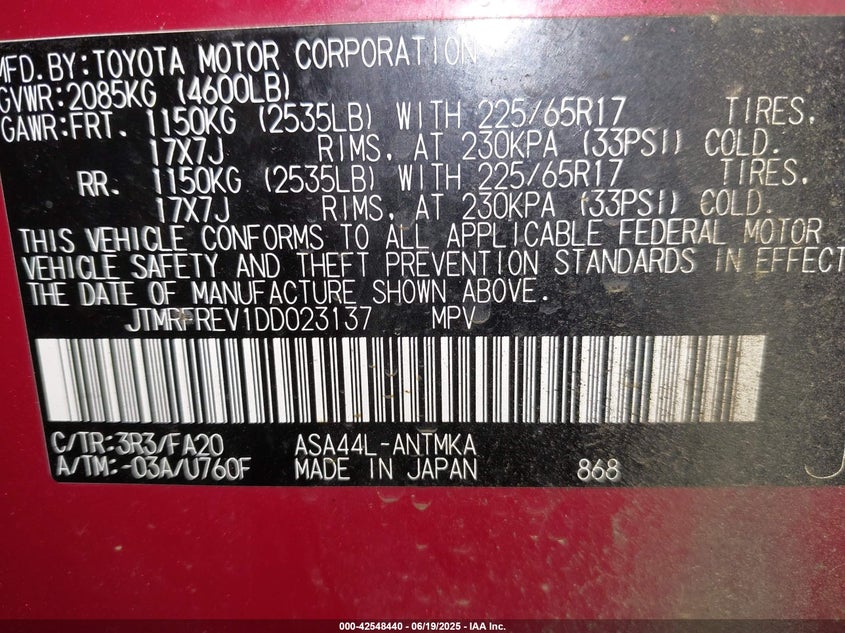 2013 Toyota Rav4 Xle VIN: JTMRFREV1DD023137 Lot: 42548440