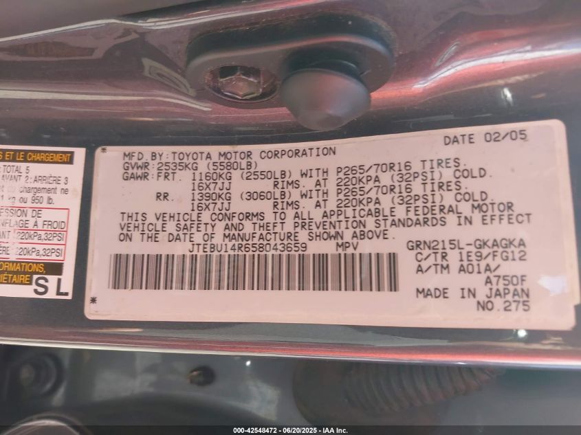 2007 Toyota 4 Runner VIN: JTEBU1VR658843659 Lot: 42548472