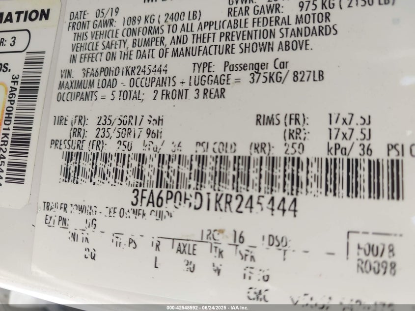 3FA6P0HD1KR245444 2019 FORD FUSION photo no. 9
