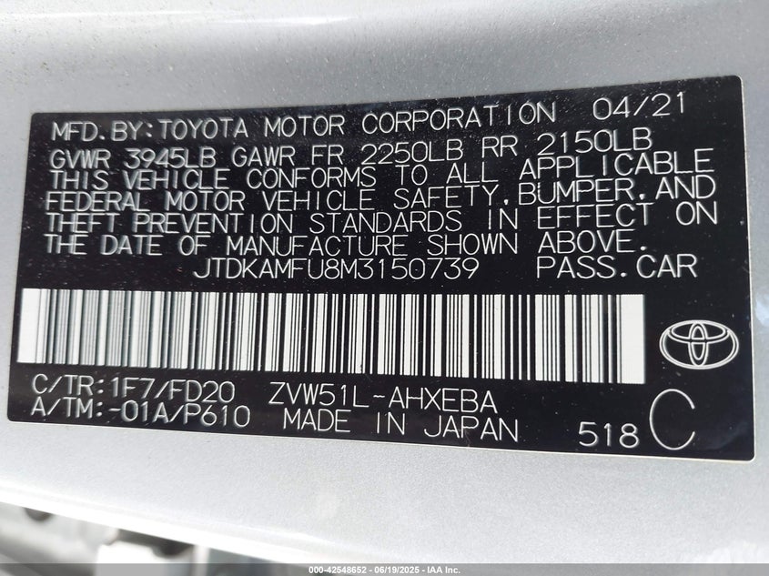 2021 Toyota Prius Le VIN: JTDKAMFU8M3150739 Lot: 42548652