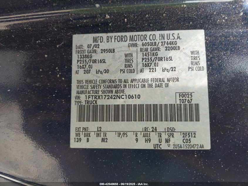 2002 Ford F150 Xl/Xlt VIN: 1FTRX17242NC10610 Lot: 42548658