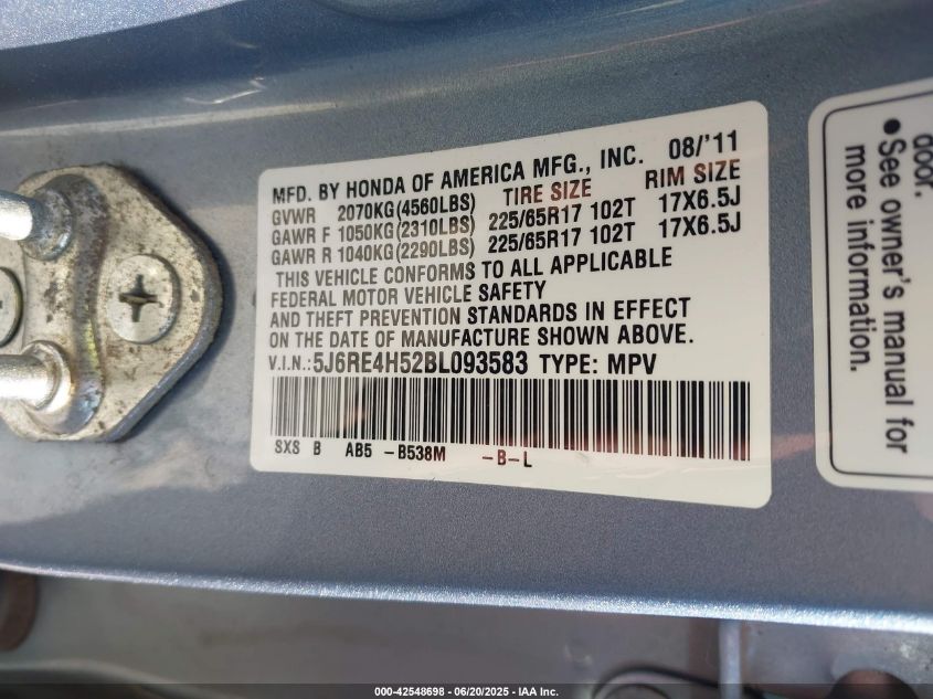 2011 Honda Cr-V Ex VIN: 5J6RE4H52BL09358 Lot: 42548698