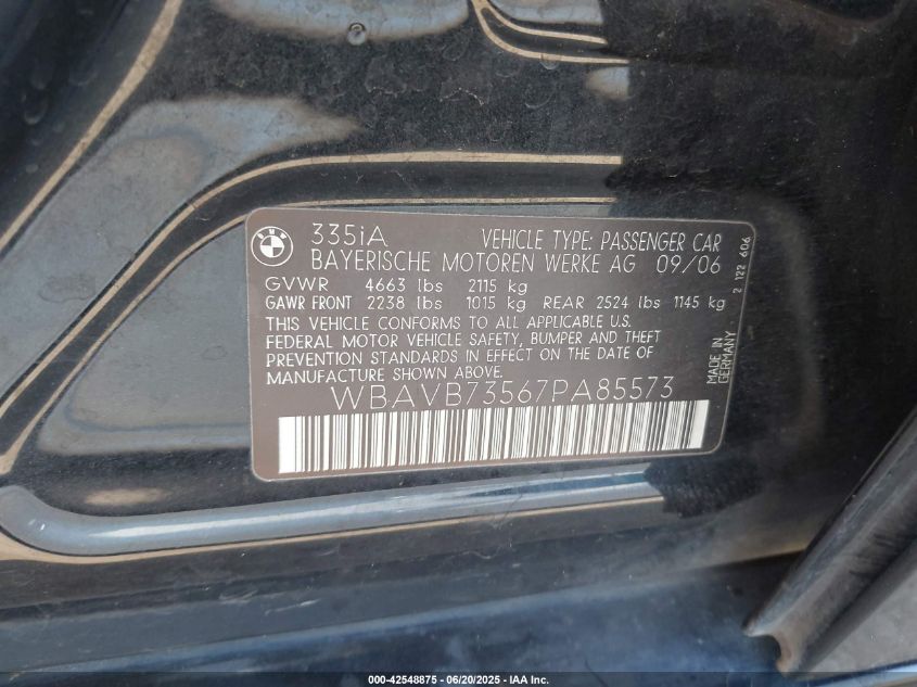 2007 BMW 335I VIN: WBAVB73567PA85573 Lot: 42548875