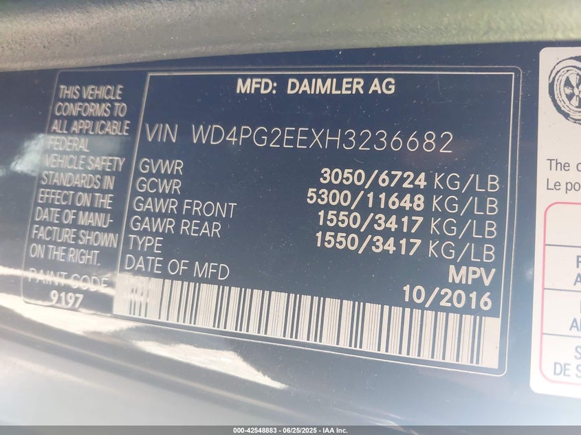 2017 MERCEDES-BENZ METRIS - WD4PG2EEXH3236682