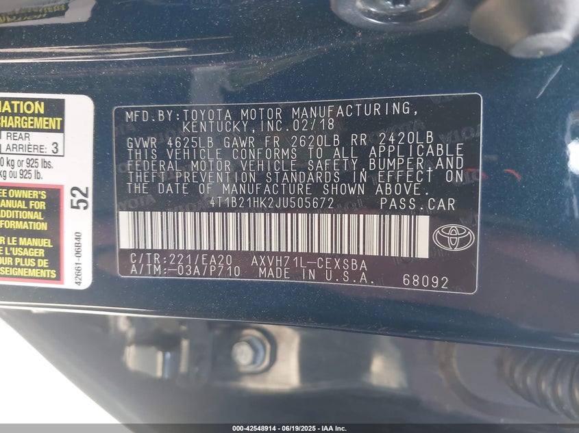 2018 TOYOTA CAMRY HYBRID VIN: 4T1B21HK2JU505672