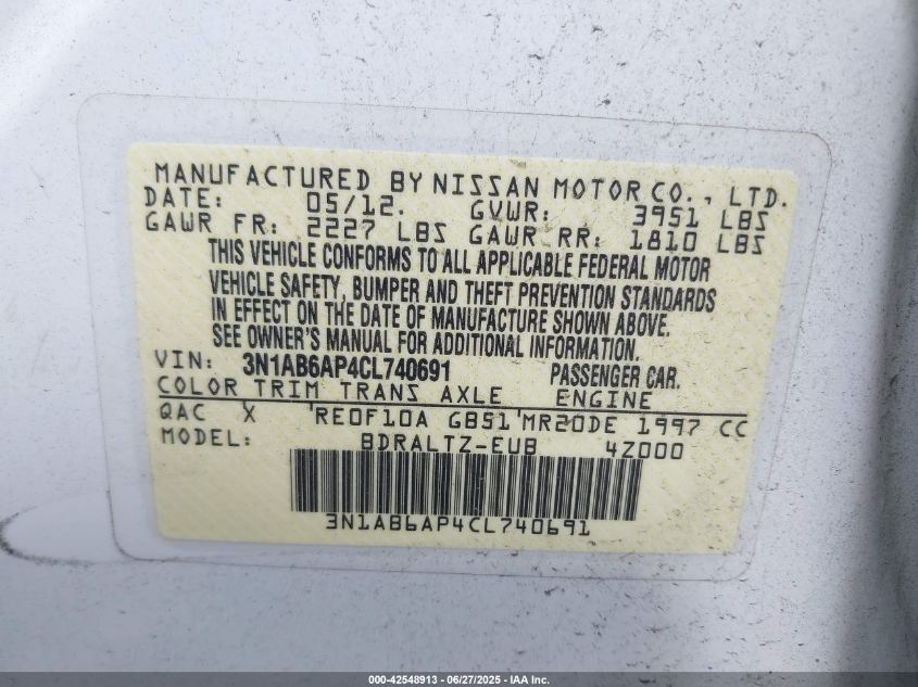 2012 Nissan Sentra 2.0 S VIN: 3N1AB6AP4CL740691 Lot: 42548913