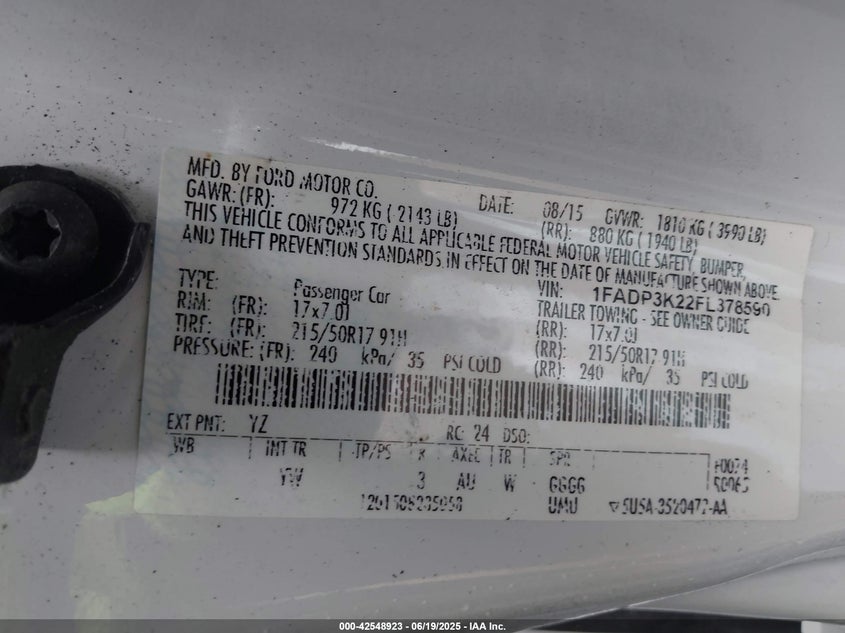 2015 FORD FOCUS VIN: 1FADP3K22FL378590