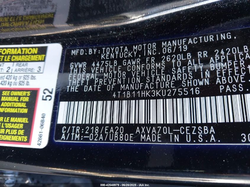 2019 Toyota Camry Se VIN: 4T1B11HK3KU275516 Lot: 42548979