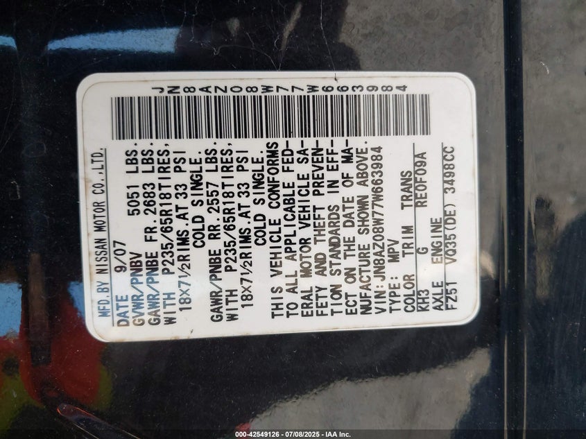 2007 Nissan Murano S VIN: JN8AZ08W77W663984 Lot: 42549126