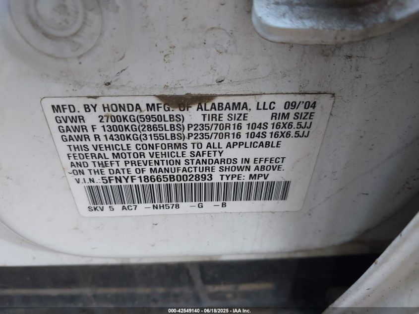 2005 Honda Pilot Ex-L VIN: 5FNYF18665B002893 Lot: 42549140