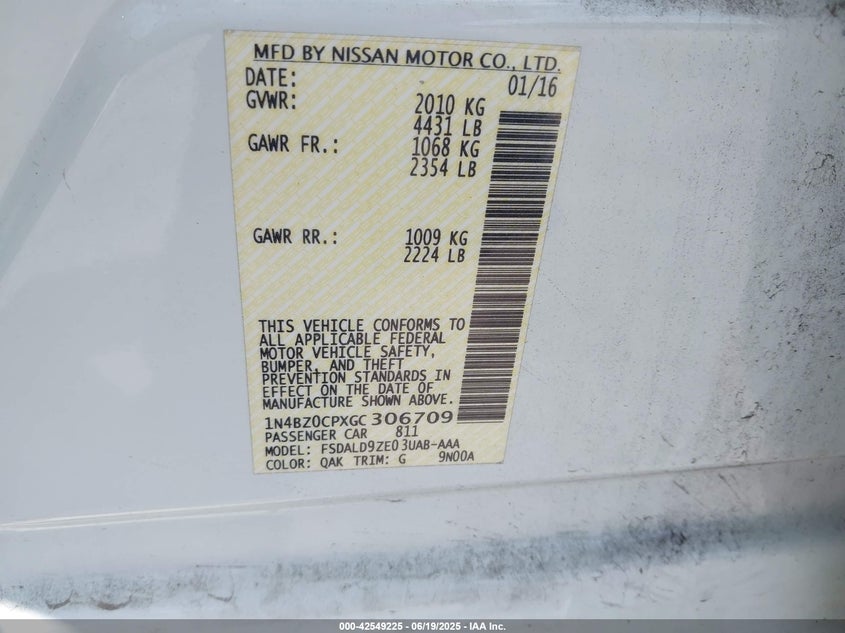 2016 NISSAN LEAF VIN: 1N4BZ0CPXGC306709