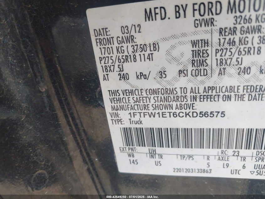 2012 FORD F-150 VIN: 1FTFW1ET6CKD56575