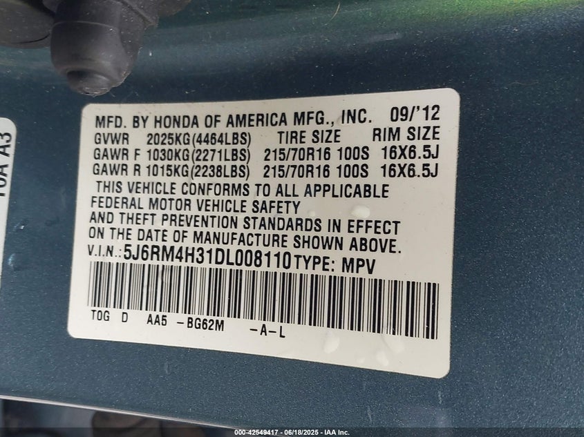 2013 HONDA CR-V VIN: 5J6RM4H31DL008110
