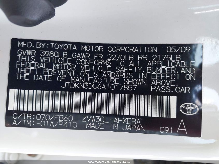 2010 Toyota Prius Iii VIN: JTDKN3DU6A1017857 Lot: 42549478