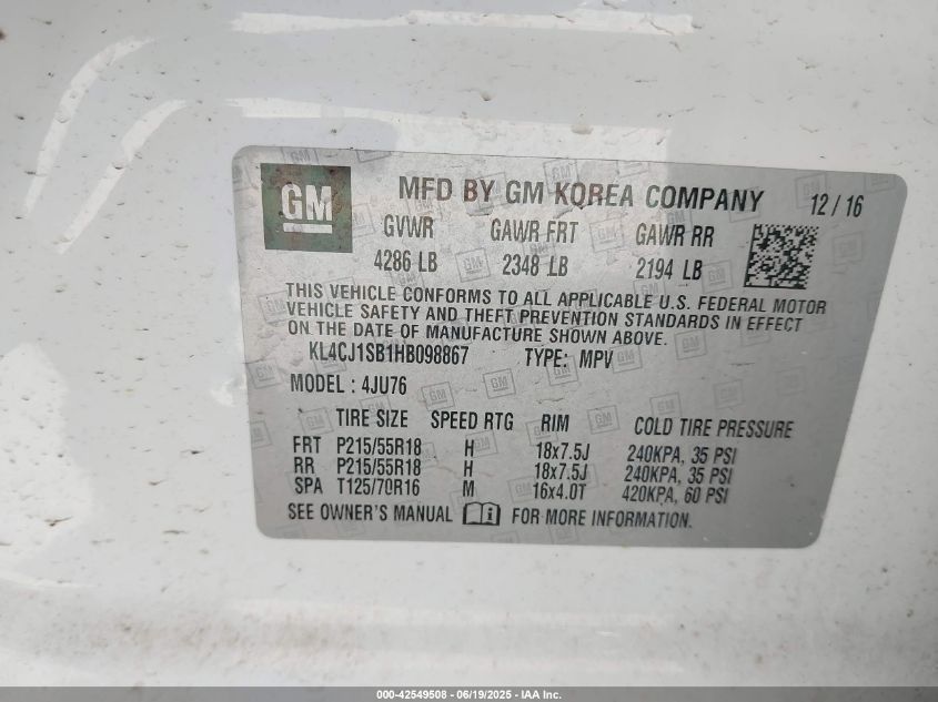 2017 Buick Encore Sport Touring VIN: KL4CJ1SB1HB098867 Lot: 42549508