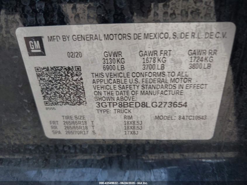 2020 GMC Sierra 1500 2Wd Short Box Sle VIN: 3GTP8BED8LG273654 Lot: 42549822