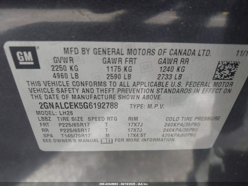 2016 CHEVROLET EQUINOX VIN: 2GNALCEK5G6192788
