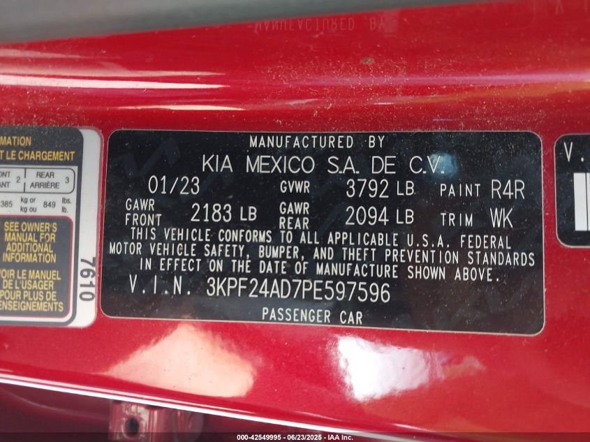 2023 Kia Forte Lxs VIN: 3KPF24AD7PE597596 Lot: 42549995