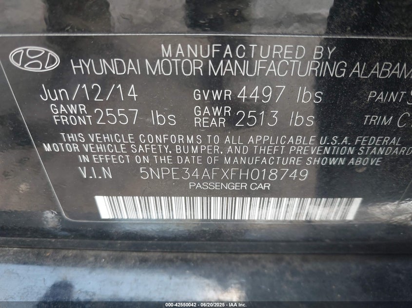2015 HYUNDAI SONATA VIN: 5NPE34AFXFH018749