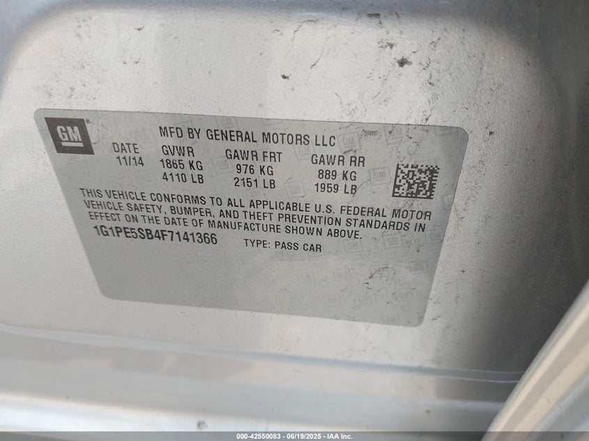 2015 CHEVROLET CRUZE VIN: 1G1PE5SB4F7141366