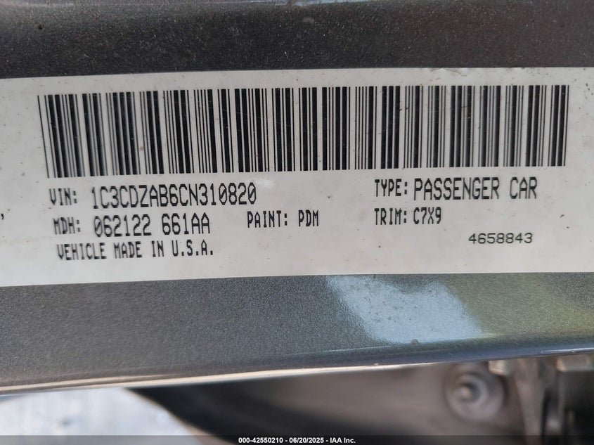 2012 DODGE AVENGER VIN: 1C3CDZAB6CN310820