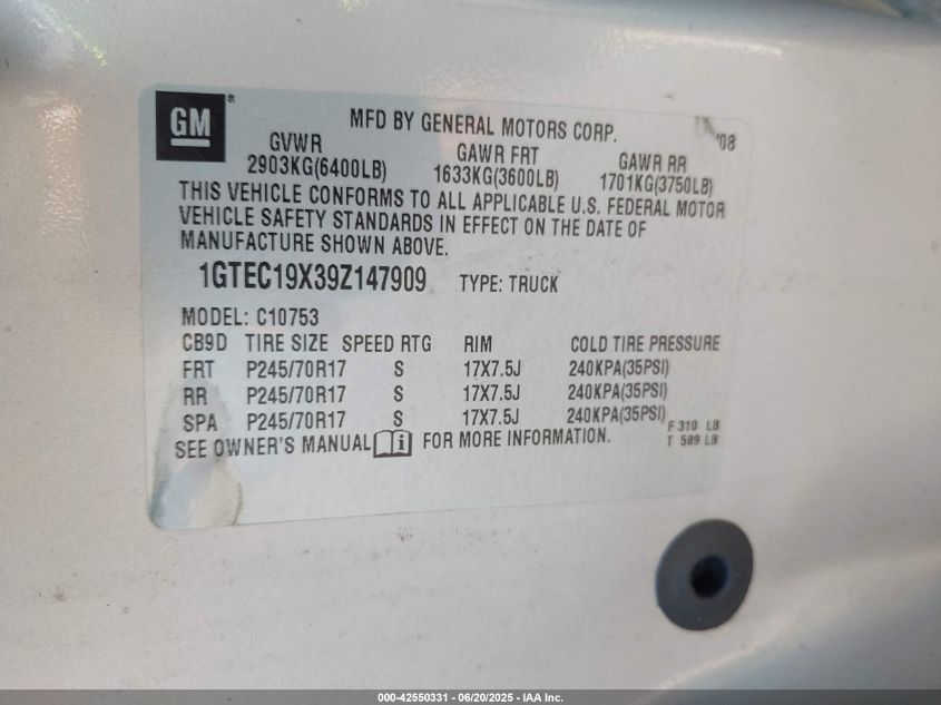 2009 GMC New Sierra Sle/Work Truck VIN: 1GTEC19XX39Z14790 Lot: 42550331