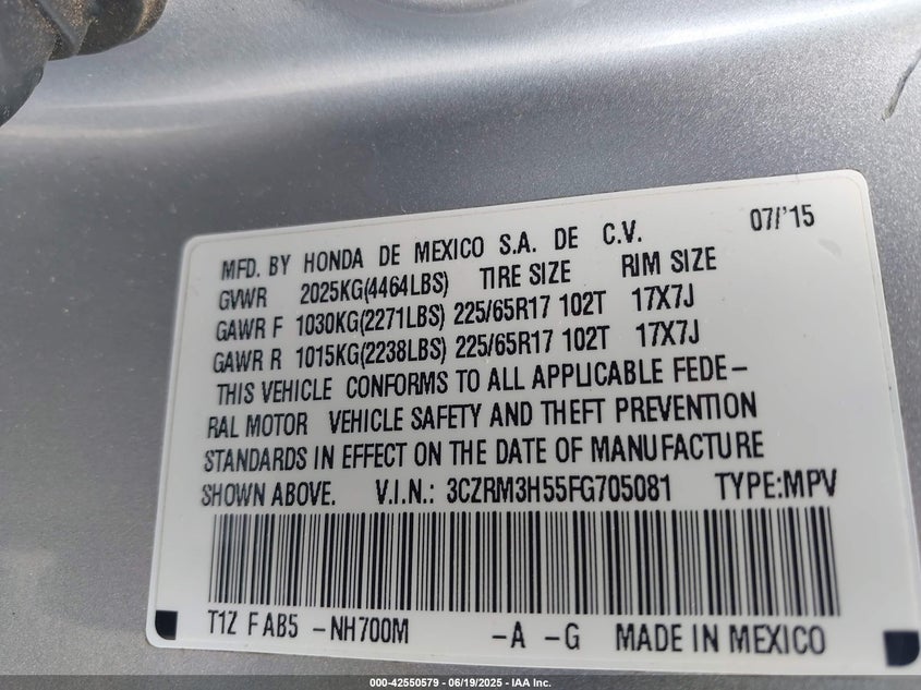 2015 HONDA CR-V EX - 3CZRM3H55FG705081