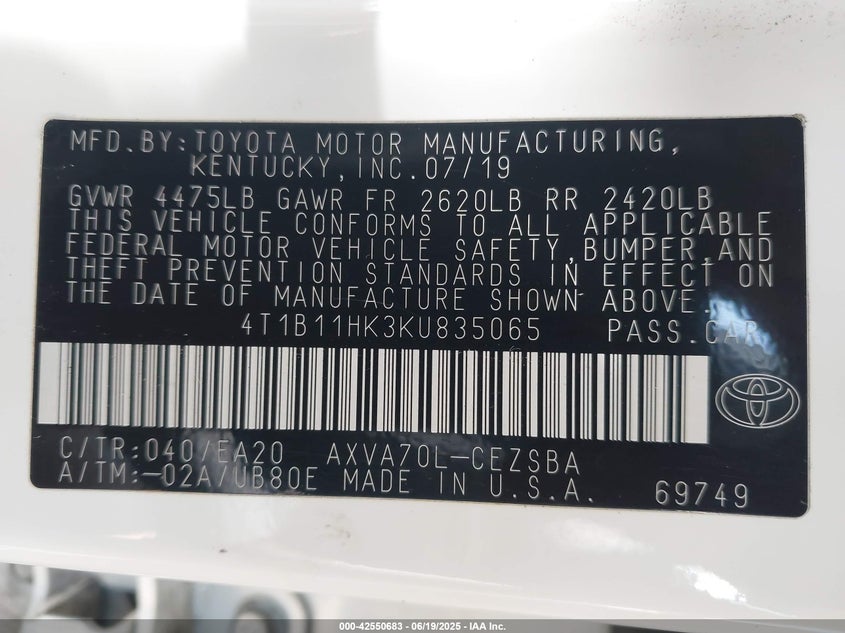 2019 TOYOTA CAMRY SE - 4T1B11HK3KU835065