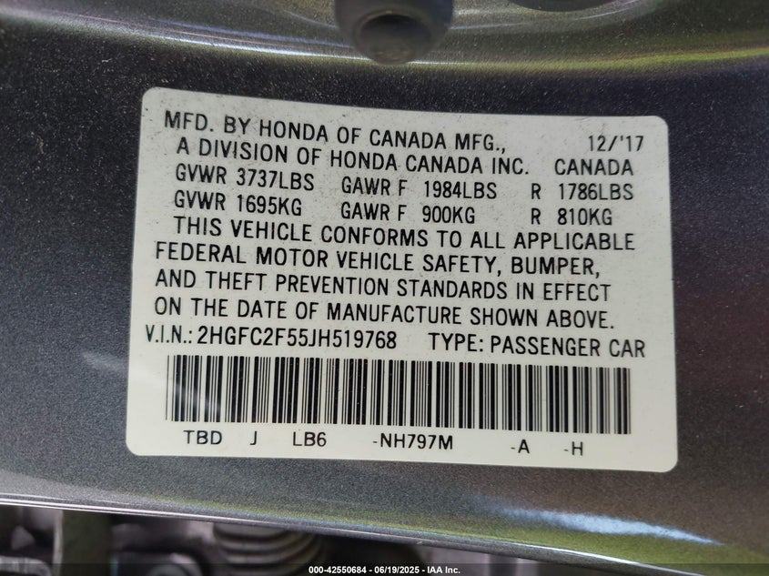 2018 HONDA CIVIC VIN: 2HGFC2F55JH519768