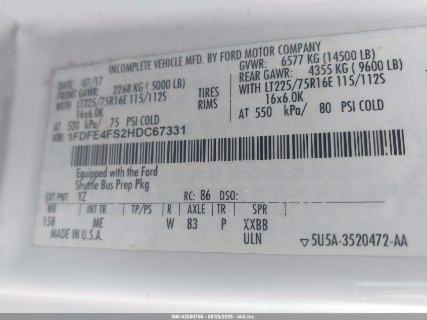 2017 Ford E-450 Cutaway VIN: 1FDFE4FS2HDC67331 Lot: 42550766