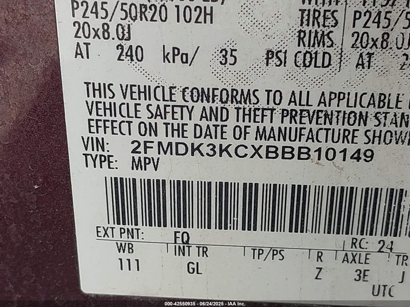 2011 FORD EDGE VIN: 2FMDK3KCXBBB10149