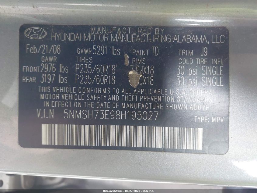 2008 Hyundai Santa Fe Limited/Se VIN: 5NMSH73E98H195027 Lot: 42551033