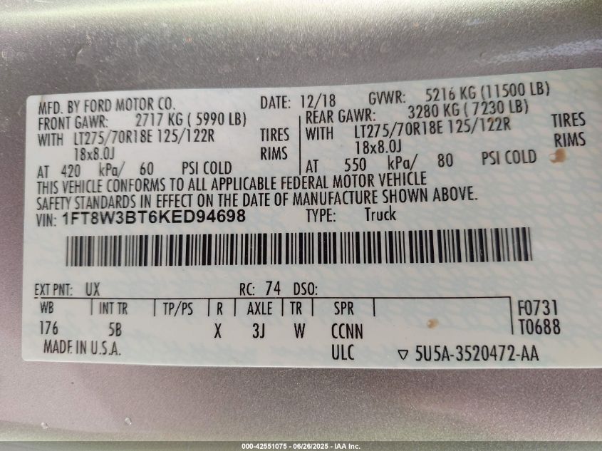 2019 Ford F-350 Lariat VIN: 1FT8W3BT6KED94698 Lot: 42551075