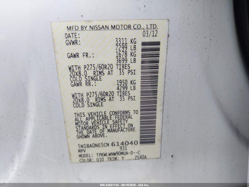 2012 NISSAN ARMADA VIN: 5N1BA0NE5CN614040