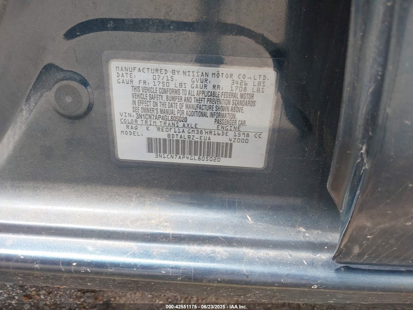 2016 NISSAN VERSA VIN: 3N1CN7AP4GL805020