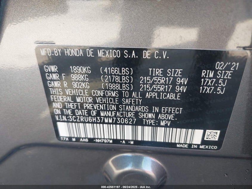 2021 HONDA HR-V AWD LX - 3CZRU6H37MM730627