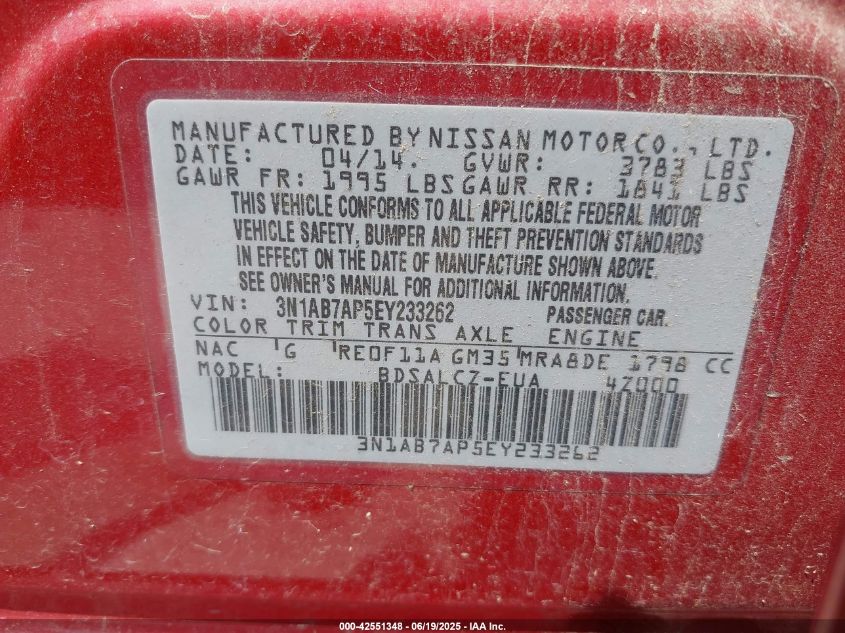 2014 Nissan Sentra S VIN: 3N1AB7AP5EY233262 Lot: 42551348